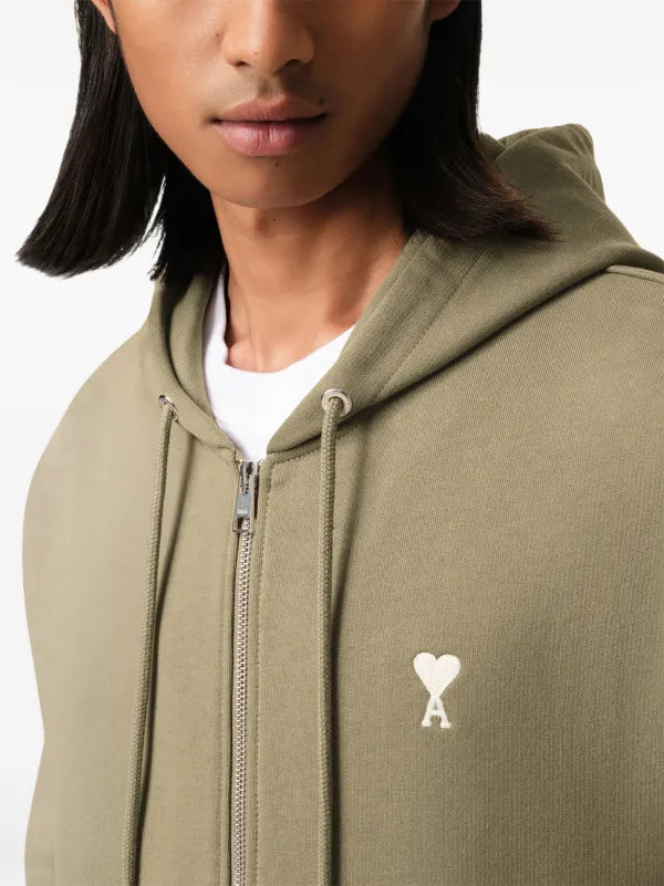 AMI Paris Embroidered Zip Up Hoodie Olive Green