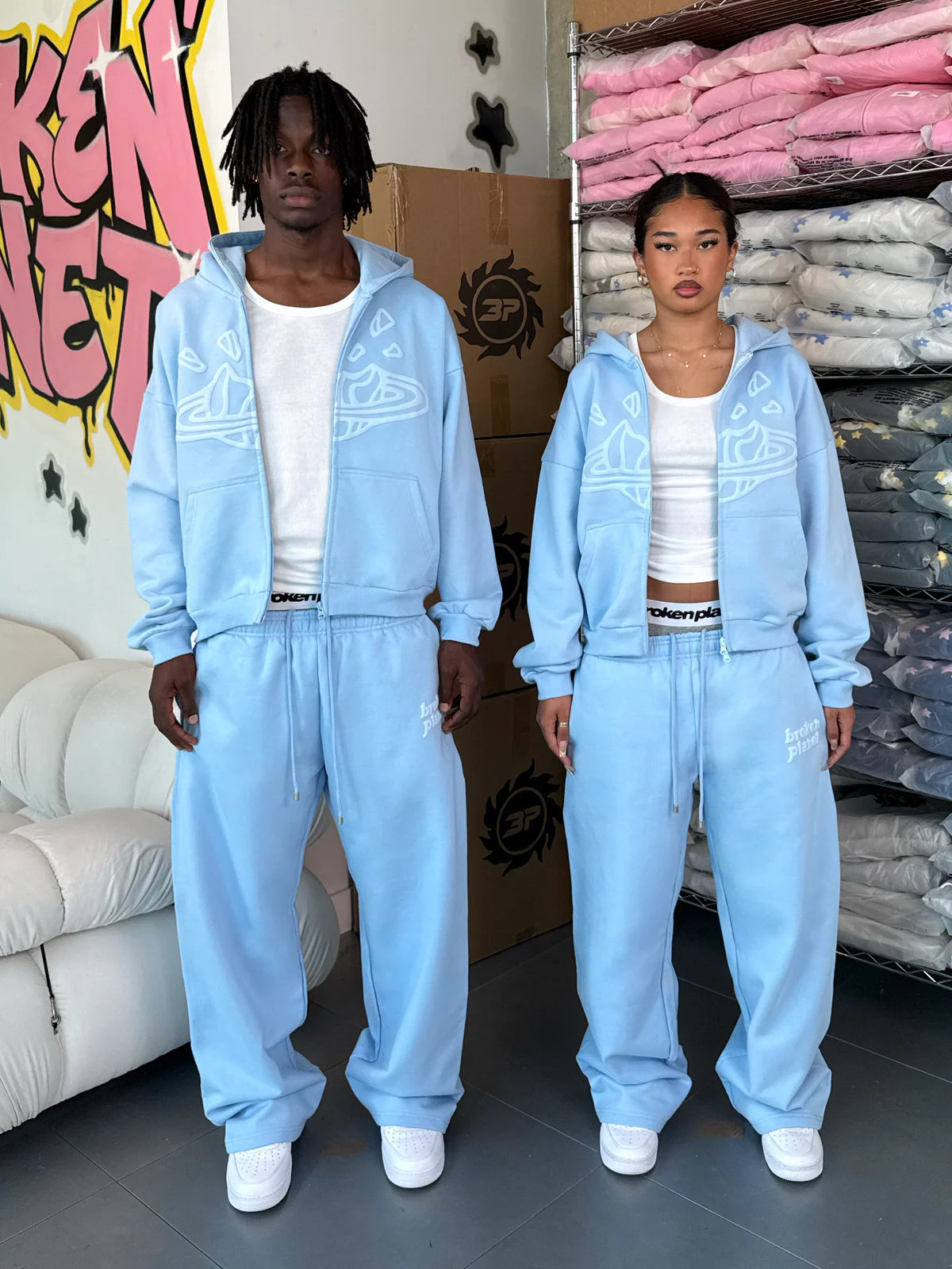 BROKEN PLANET ZIP UP HOODIE SKY BLUE