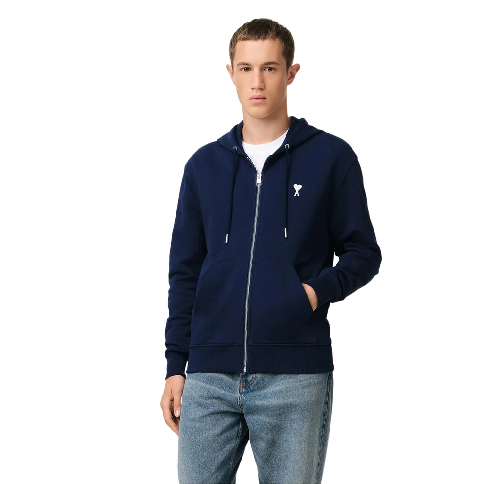 AMI Paris Embroidered Zip Up Hoodie Navy
