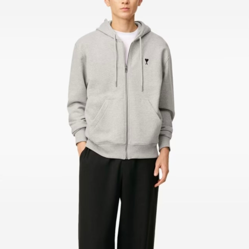 AMI Paris Embroidered Zip Up Hoodie Grey