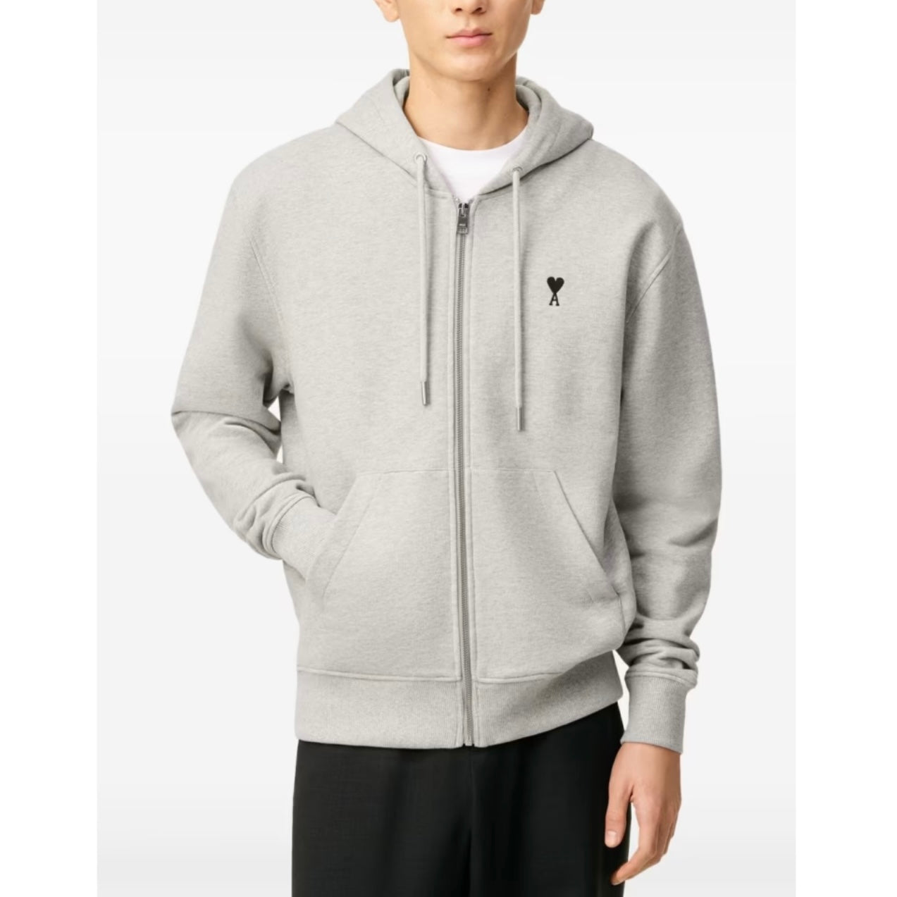 AMI Paris Embroidered Zip Up Hoodie Grey