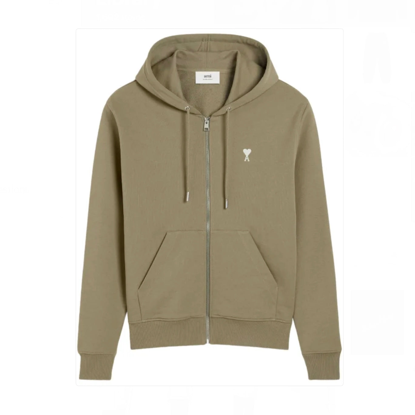 AMI Paris Embroidered Zip Up Hoodie Olive Green