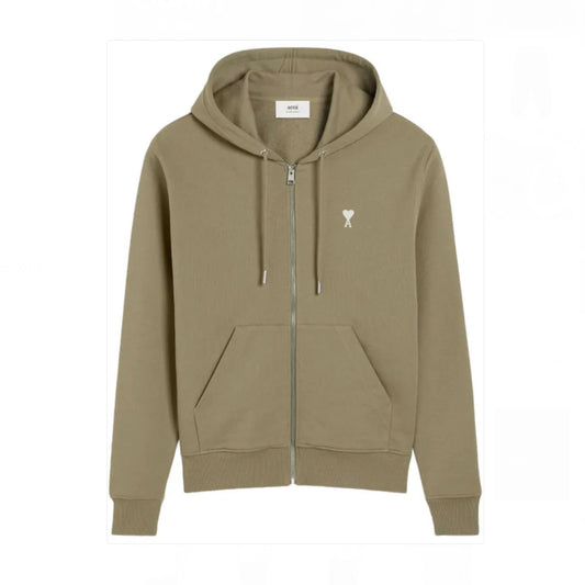 AMI Paris Embroidered Zip Up Hoodie Olive Green