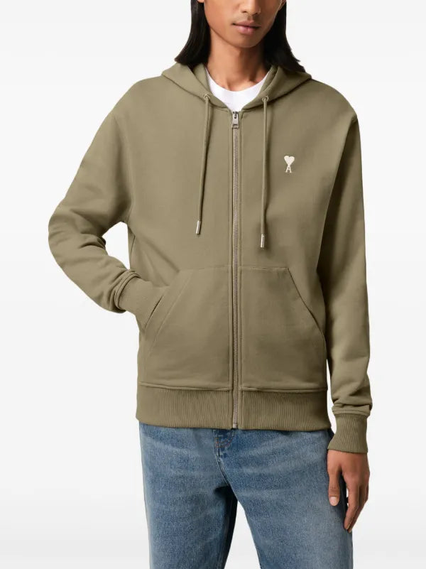 AMI Paris Embroidered Zip Up Hoodie Olive Green