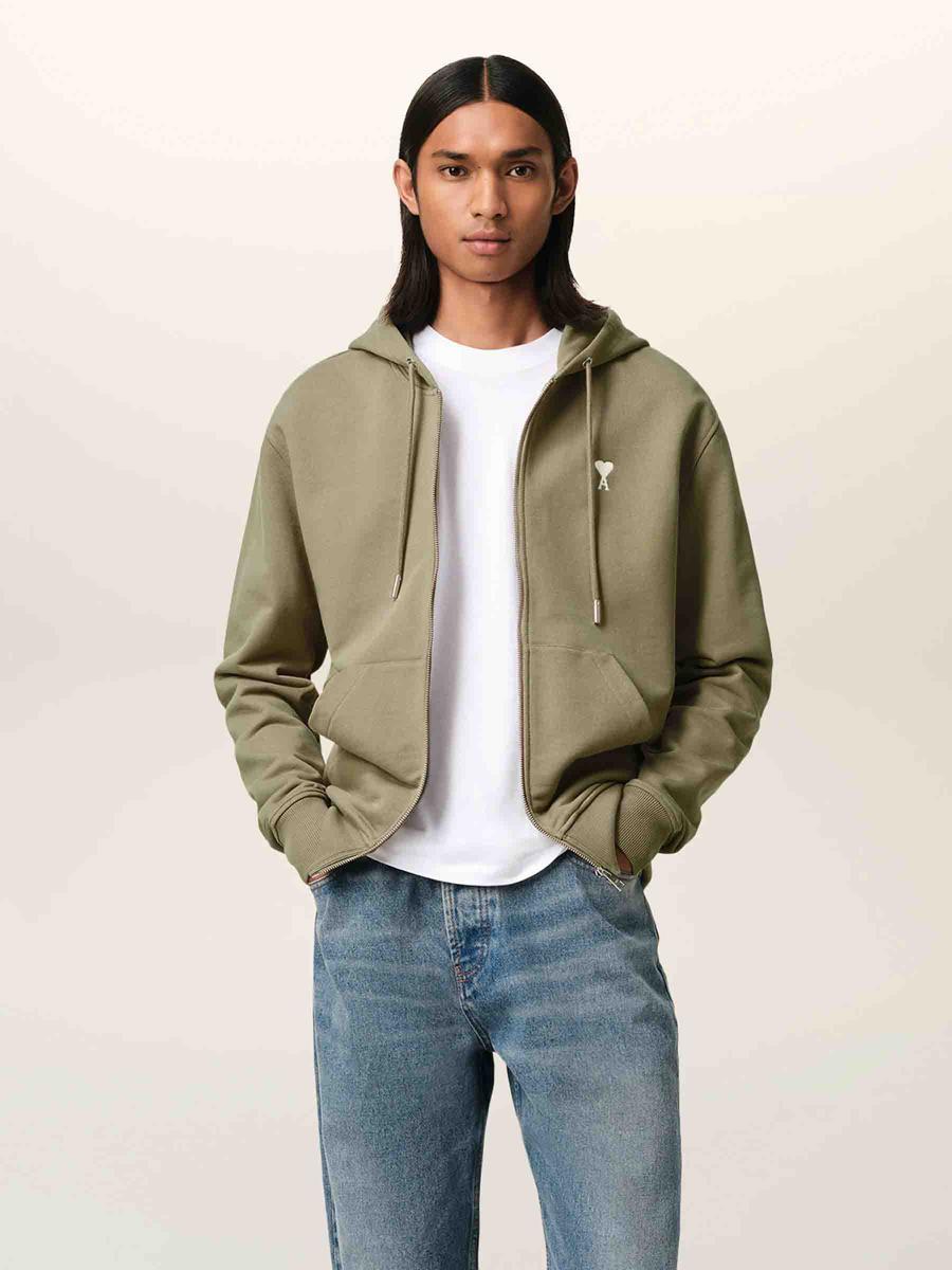 AMI Paris Embroidered Zip Up Hoodie Olive Green