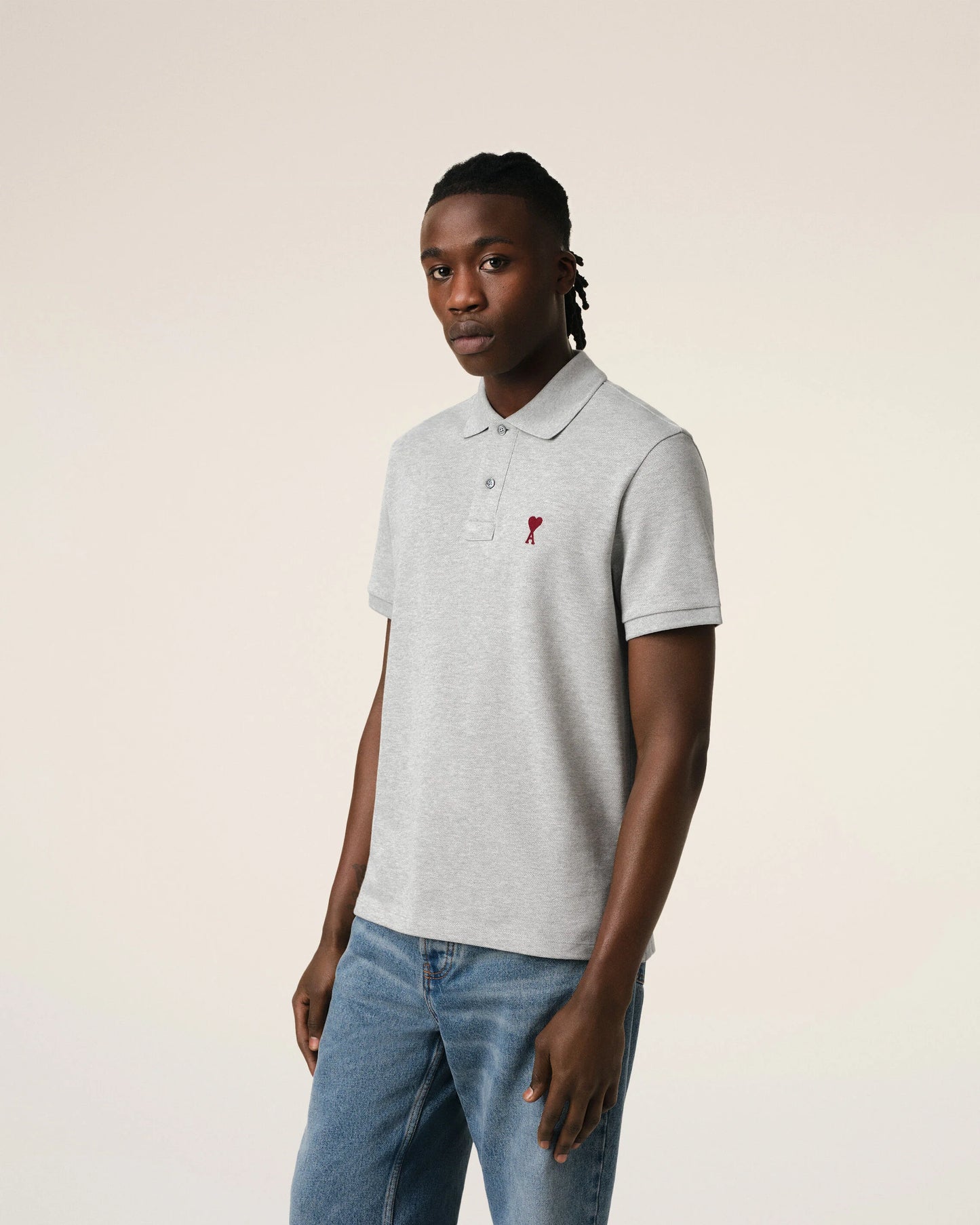 AMI Paris Embroidered Polo Shirt Grey