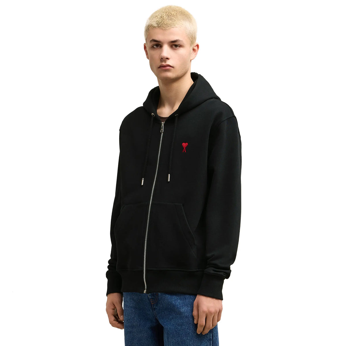 AMI Paris Embroidered Zip Up Hoodie Black