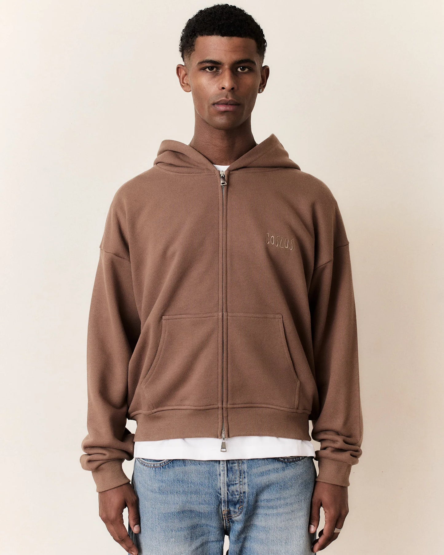 Coszus Embroidered Zip Hoodie Brown